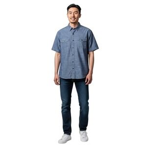 Woolrich Men's Chambray‎ Button Down Short Sleeve Shirt Blue Casual Size XL